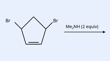 A cyclopentene ring (five-membered ring with one C=C double bond at the bottom). The two saturated carbons adjacent to the top each bear a bromine atom (Br shown at upper-left and upper-right). A reaction arrow to the right is labelled 'Me2NH (2 equiv)'.
