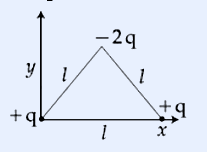 An equilateral triangle drawn on x-y axes with side length l. Charge +q at the bottom-left vertex at the origin, charge +q at the bottom-right vertex on the x-axis, and charge -2q at the top apex vertex. Each side is labelled l. The y-axis points up from the bottom-left vertex and the x-axis points right along the base.