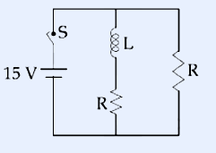 A circuit: 15 V ideal battery on the left in series with switch S at top. Three vertical branches in parallel across the battery: leftmost is the battery+switch branch; middle branch has inductor L (coil symbol) at top in series with resistor R below it; right branch has resistor R. All branches share top and bottom rails.