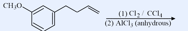 A benzene ring bearing a CH3O- (methoxy) group; attached to the ring is a -CH2-CH2-CH=CH2 (but-3-enyl) chain with a terminal alkene. Reagents above the arrow: (1) Cl2 / CCl4, (2) AlCl3 (anhydrous).