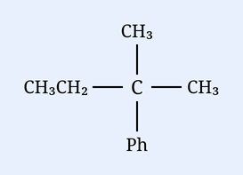 Condensed/skeletal structure of the target tertiary alcohol drawn at the top of the question: CH3CH2-C(CH3)(Ph)-OH; the carbinol carbon bears an ethyl group on the left, a CH3 above, a Ph (phenyl) below, and is the alcohol carbon. (In the page this structure appears just above Q54 stem as 'CH3CH2 - C - CH3' with CH3 above and Ph below the central carbon.)