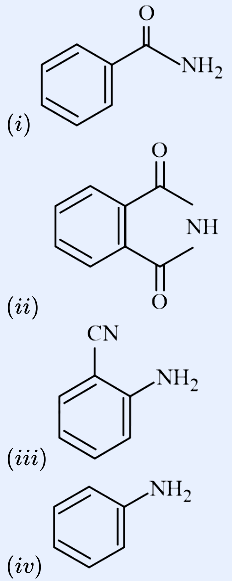 Four labelled structures. (i) benzamide: benzene ring with a C(=O)NH2 (amide) group. (ii) cyclic imide on a benzene ring: benzene ortho-disubstituted with two C=O groups bridged by an N-H (a phthalimide-type imide, drawn as two carbonyls flanking an NH). (iii) 2-aminobenzonitrile: benzene ring bearing a CN (nitrile) group and an adjacent NH2. (iv) aniline: benzene ring with an NH2 group.