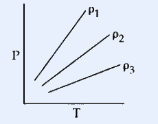 A P-T diagram (Pressure P on vertical axis, Temperature T on horizontal axis). Three straight lines all passing through the origin with different slopes, labeled (top, steepest) rho_1, (middle) rho_2, and (bottom, least steep) rho_3.
