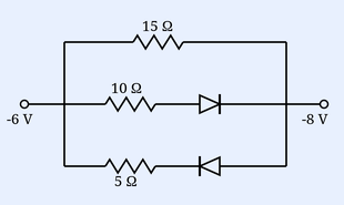 A rectangular resistor-diode network. Top branch has a 15 ohm resistor. Middle branch has a 10 ohm resistor in series with a diode. Bottom branch has a 5 ohm resistor in series with a diode. A 6 V cell (marked -|6V) is on the left side and an 8 V cell (marked 8V|-) is on the right side, with the diodes oriented along the middle and bottom branches; resistance is asked across the network.