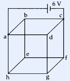 A cube made of 12 resistors (each 2 ohm) on its edges. The eight corners are labelled a, b, c, d on the top face and e, f, g, h on the bottom face. A 6 V battery is connected across corners a and c (a face diagonal). The voltage difference between corners e and f is asked.