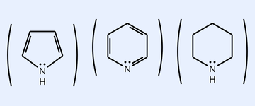 Three drawn ring structures shown inline within the stem text: (1) pyrrole, a five-membered aromatic ring with one NH at top (N bonded to H); (2) pyridine, a six-membered aromatic ring with one ring nitrogen; (3) piperidine, a saturated six-membered ring with one NH (N bonded to H at bottom).