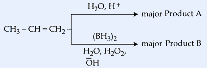 Reaction scheme: CH3-CH=CH2 (prop-1-ene) branches into two paths. Top arrow with reagent 'H2O, H+' gives 'major Product A'. Bottom arrows with reagents '(BH3)2' then 'H2O, H2O2, OH-' give 'major Product B'.