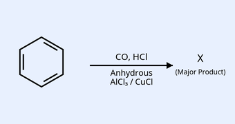 Benzene ring reacting with CO, HCl, Anhydrous AlCl3/CuCl to give major product X.