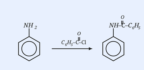 Aniline plus benzoyl chloride (C6H5COCl) giving benzanilide (C6H5-NH-CO-C6H5)