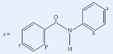 N-phenylbenzamide skeletal structure labelled x=. Two benzene rings linked by a -C(=O)-N(H)- amide group. Left (benzoyl) ring carries position labels r (meta) and p (ortho to the carbonyl). Right (anilide) ring carries position labels s (ortho to the N-H) and u (para to the N-H).