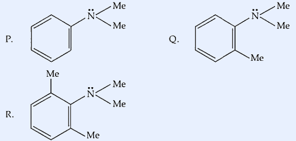Three substituted N,N-dimethylaniline structures arranged on the page. P: unsubstituted N,N-dimethylaniline (phenyl ring bonded to N with two methyl groups; lone pair shown on N). Q: 2-methyl-N,N-dimethylaniline (ortho-methyl on the ring; N still bears two methyl groups). R: 2,6-dimethyl-N,N-dimethylaniline (two ortho-methyl substituents flanking the N; N still bears two methyl groups). Lone pair on N shown in each structure.