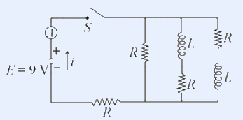 9 V battery with switch S feeding three parallel branches (R; L in series with R; R in series with L) and a series R in the bottom rail.