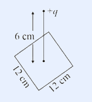 A +q point charge 6 cm vertically above the centre of a square of side 12 cm shown in perspective.