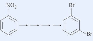 Nitrobenzene converted through four sequential steps into m-dibromobenzene.