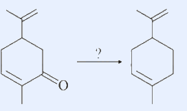 Carvone reacting with a reagent (?) to give limonene (ketone reduced to CH2).
