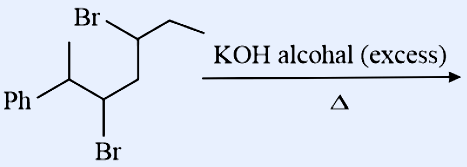 A skeletal dibromo compound reacting with KOH alcoholic (excess) under heat (Delta). The reactant is drawn as a chain: a phenyl group (Ph) attached to a carbon bearing a methyl branch, then a CHBr carbon, then a CHBr carbon (two bromine atoms on adjacent carbons, written Br at top and Br at bottom), continuing to an ethyl chain. Arrow over which is written 'KOH alcohal (excess)' with 'Delta' below.