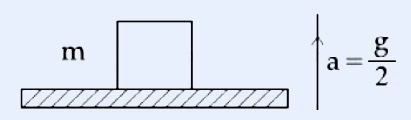 A block labelled m resting on a horizontal platform (drawn as a hatched horizontal bar). To the right, a curly brace and the label a = g/2 with an upward arrow indicating the platform accelerates upward at g/2.