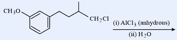 A benzene ring bearing a CH3O- (methoxy) substituent at the meta position, connected by a CH2-CH2 chain to a CH(CH3)-CH2Cl group (a chain -CH2CH2CH(CH3)CH2Cl on the ring). Reagents over the arrow: (i) AlCl3 (anhydrous), (ii) H2O.