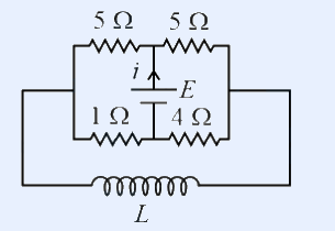 Bridge: top two 5 ohm resistors, middle 1 ohm and 4 ohm with battery E (current i) between, bottom inductor L.