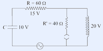 Series AC L-C-R: R=60 ohm (15 V), capacitor C (10 V), R'=40 ohm branch, inductor (20 V), AC source.