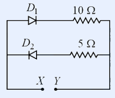 Two parallel branches between X and Y: D1 (forward) + 10 ohm; D2 (reverse) + 5 ohm; 5 V across X-Y.