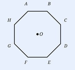 Regular octagon ABCDEFGH (A,B top; C,D right; E,F bottom; G,H left) with centre O.