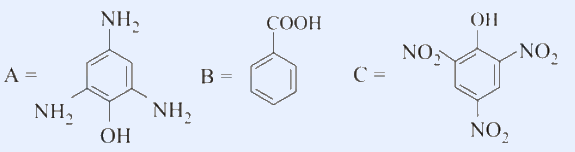 Three structures: (A) 2,4,6-triaminophenol, (B) benzoic acid, (C) 2,4,6-trinitrophenol (picric acid).