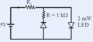 A 5 V battery connected in series with resistor R_S feeds a parallel combination of a 1 k ohm resistor R (with a diode in series) and an LED rated 2 mW.