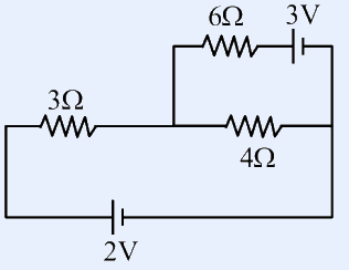 A 2 V battery and a 3 V battery drive a network containing a 3 ohm resistor, a 6 ohm resistor (in series with the 3 V battery in the top branch) and a 4 ohm resistor (forming a parallel branch).