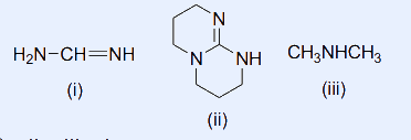 Three numbered structures: (i) H2N-CH=NH (a formamidine/guanidine-type fragment), (ii) a cyclic structure with two ring NH groups (piperazine/guanidine-like ring with N and NH), and (iii) CH3NHCH3 (dimethylamine). Labelled (i), (ii), (iii).