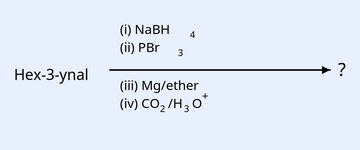 Reactant labelled Hex-3-ynal with reagent sequence (i) NaBH4, (ii) PBr3, (iii) Mg/ether, (iv) CO2/H3O+ leading to product.