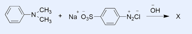 Reaction scheme: N,N-dimethylaniline (benzene ring with N(CH3)2 substituent) plus the sodium salt of sulphanilic acid diazonium ion (Na+ -O3S-C6H4-N2+) reacts to give product X. Below: X drawn as the azo compound Na+ -O3S-C6H4-N=N-C6H4-N(CH3)2, i.e. methyl orange.