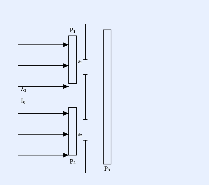 Young's double-slit setup with polarizers P1, P2 over slits and P3 beyond.