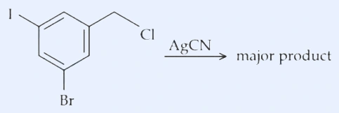 Benzene ring bearing iodo, chloromethyl and bromo substituents reacting with AgCN to give the major product.