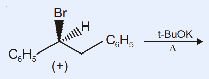 A stereocentre drawn with wedge Br (up) and dash H, central carbon bearing C6H5 (phenyl) on the left and a CH2-C6H5 chain to the right, labelled (+); reagent above arrow is t-BuOK with heat (Delta).