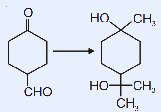 Conversion: a cyclohexanone bearing a -CHO group at the 4-position (left) is converted (arrow) to a cyclohexane ring bearing a tertiary alcohol HO-C(CH3) at the ring carbon and a HO-C(CH3)2 (2-hydroxypropan-2-yl) group at the 4-position (right).