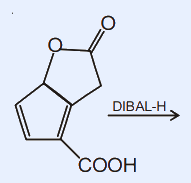 A bicyclic structure: a cyclopentene ring fused to a five-membered lactone (cyclic ester with O and C=O), with a -COOH group on the cyclopentene ring; reagent over the arrow is DIBAL-H.