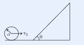 Sphere radius a, speed v0, rolling along a horizontal plane toward an incline of angle theta.