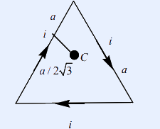 An equilateral triangle current loop with each side labelled a; the centroid C is marked at the centre; the perpendicular distance from the centroid to a side is labelled a/(2 sqrt 3); the current direction and the angles each side subtends at the centroid are indicated.