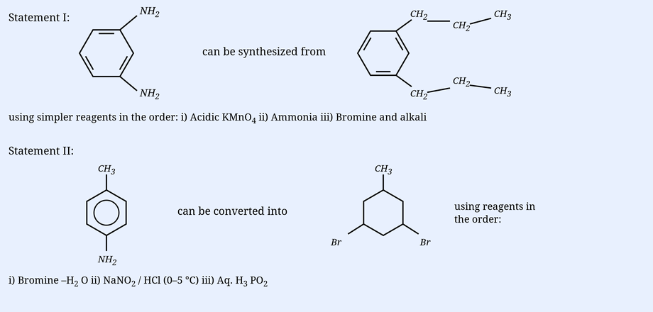 Statement I shows a benzene ring carrying two NH2 groups on adjacent (ortho) carbons (benzene-1,2-diamine) synthesized from a benzene ring carrying two -CH2-CH2-CH3 (n-propyl) chains on adjacent carbons. Statement II shows p-toluidine (a benzene ring with a CH3 group on top and an NH2 group at the para position) converted into a ring with CH3 on top and two Br atoms at the 3 and 5 positions (3,5-dibromotoluene).