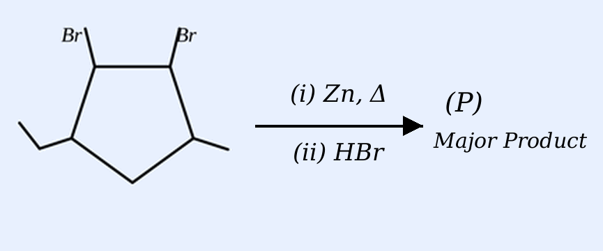A cyclopentane ring bearing an ethyl group on one carbon, a methyl group on a non-adjacent carbon, and two bromine atoms on two adjacent (vicinal) carbons (1-ethyl-3-methyl-4,5-dibromocyclopentane). Reagents over the arrow: (i) Zn, heat; (ii) HBr; product labelled (P) Major Product.