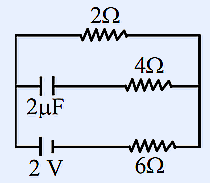 Rectangular DC circuit. A 2 V battery is in series with a 6 ohm resistor forming the source branch. Across the source terminals, two parallel branches are connected: one branch contains a 2 ohm resistor alone, and the other branch contains a 2 microfarad capacitor in series with a 4 ohm resistor.