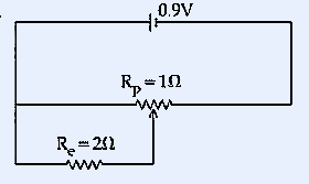 Circuit diagram showing 0.9V battery connected to a potentiometer with Rp=1Ω and Re=2Ω external resistor, with sliding contact at middle position, and Rs=2Ω shown separately