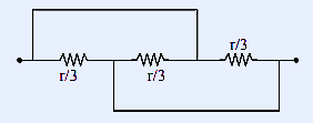Circuit diagram showing three resistors of r/3 each connected in a triangular configuration between two nodes