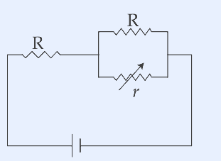 A series circuit: a battery (cell) connected to a resistor R in series, which then connects to a parallel combination of a fixed resistor R (top branch) and a variable resistor r (bottom branch, drawn with an arrow through it). The parallel pair returns to the other terminal of the battery.