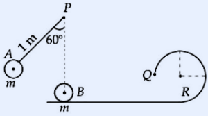 A rigid rod of length 1 m is pivoted at point P at the top. The rod hangs at 60° from the vertical (a dashed vertical line drops from P). At the lower end of the rod sits bob A (a small circle labelled m) on the left. The angle 60° is marked between the rod and the dashed vertical, with the rod length '1 m' written along it. Directly below P at a vertical distance of 1 m, on a horizontal surface, sits an identical bob B (small circle labelled m). The horizontal surface extends to the right into a vertical circular loop track of radius R; point Q is marked at the top-left of the circular loop and R is marked at the bottom-right indicating the loop radius. Dashed lines indicate the centre and radius of the circular track.