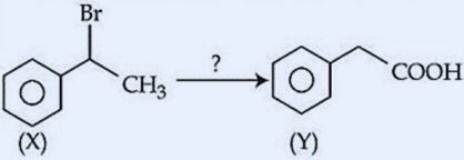 Reaction X to Y. X: a benzene ring (hexagon) attached to a carbon bearing a CH3 group and a Br substituent, i.e. (1-bromoethyl)benzene: Ph-CHBr-CH3. An arrow labelled with a question mark points to Y: a benzene ring attached to a CH2 group bearing a COOH group, i.e. phenylacetic acid Ph-CH2-COOH.
