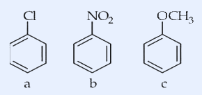 Three benzene rings labelled a, b, c. Ring a: benzene ring with a chlorine atom (Cl) on one carbon. Ring b: benzene ring with a nitro group (NO2) on one carbon. Ring c: benzene ring with a methoxy group (OCH3) on one carbon.