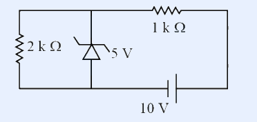 Zener regulator: 10 V battery, a 2 k-ohm resistor and a 5 V Zener diode in parallel, with a 1 k-ohm series resistor in the top rail.