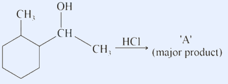 1-(2-methylcyclohexyl)ethan-1-ol: cyclohexane ring with a CH3 on one carbon and a CH(OH)CH3 group on the adjacent carbon, reacting with HCl.